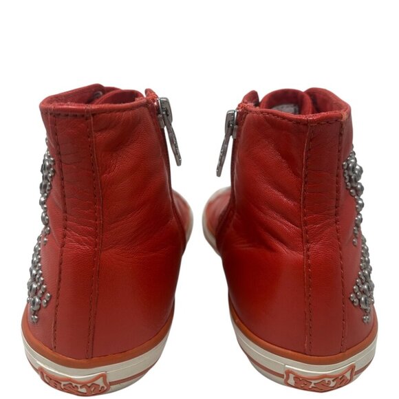 ASH Red Soft Leather High Top Sneakers Silver Studded Stars Distressed Toe 7 Y2K - Picture 5 of 13